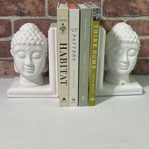 Buddha Bookends Set of 2 White Ceramic Oriental Zen Design Home Accent NWT